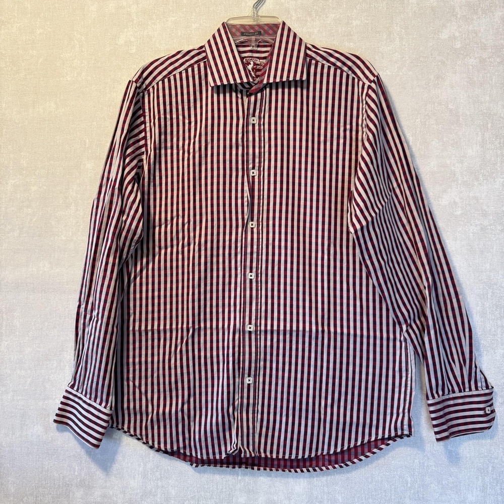 Bugatchi Shirt Mens Medium Red Blue Gingham Classic Fit Long Sleeve Button Down